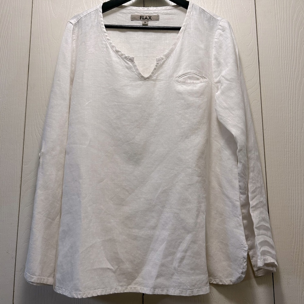 FLAX White Linen Minimalist Roll tab Long sleeve Oversized Lagen look Top Size S